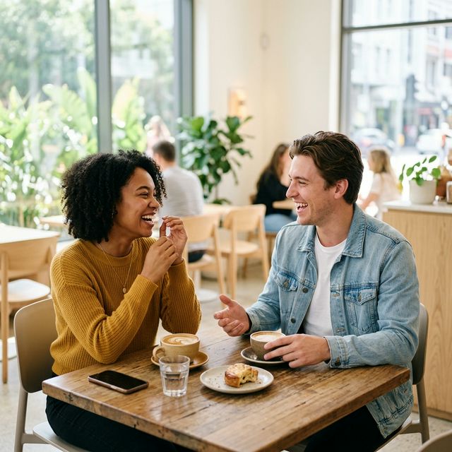 Two people laughing during a language exchange